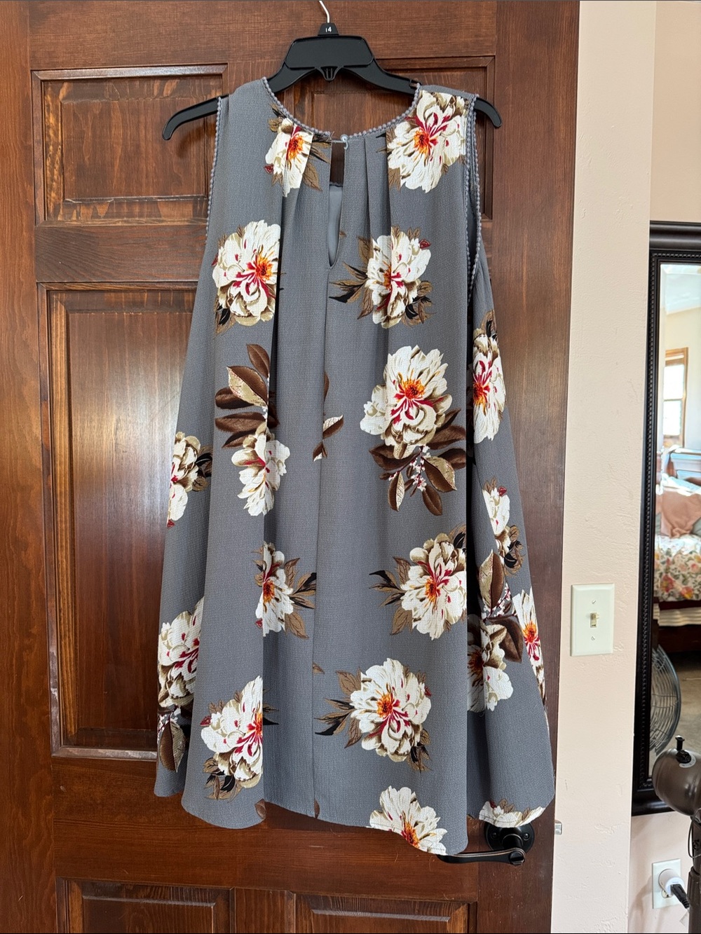 Umgee Grey Floral Tank Dress with Cream and Brown and burgundy Accents - Picture 3 of 3